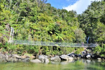 A swing bridge is suspended across a beautiful coastal inlet in Abel Tasman National Park. There is lovely clear water in the foreground with thick rainforest vegetation behind and a waterfall in the distance. Two people walk on the bridge admiring the waterfall.