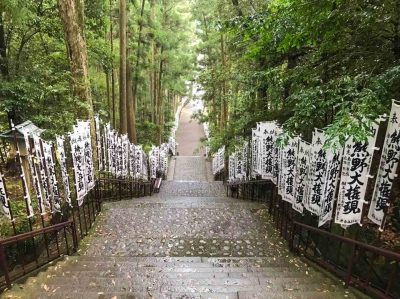 Deserted stairs ascending to the Grand Shrine that marks the end of the Kumano Kodo Kohechi trail.