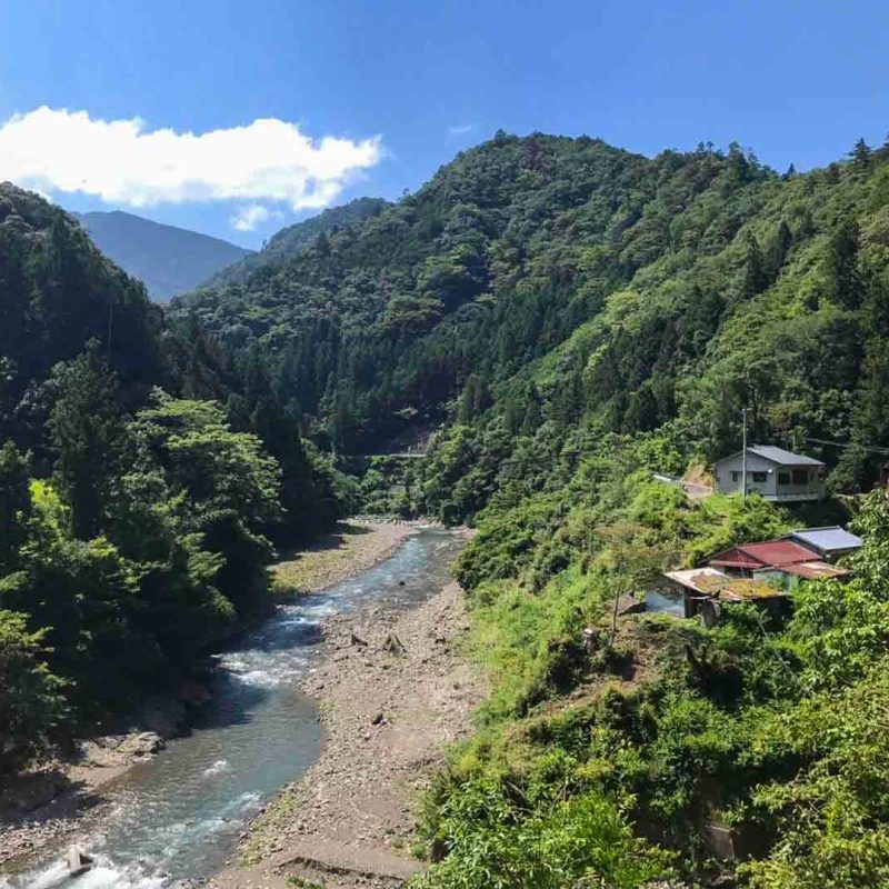 A lush mountainous scene looking down toward a small Japanese village with nearby river. This is a view from the Kohechi Pilgrimage Route on the Kia Peninsula in Japan.