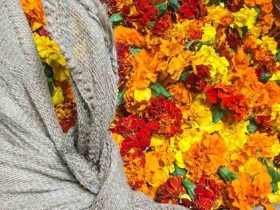 A close-up of marigold flower heads bundled in hessian