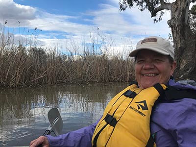 Murray-River-walking-tour-for-women-wellness-walks-member-kayak-on-murray