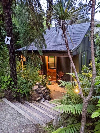 A gorgeous hidden chalet-style retreat surrounded by manicured rainforest plants.